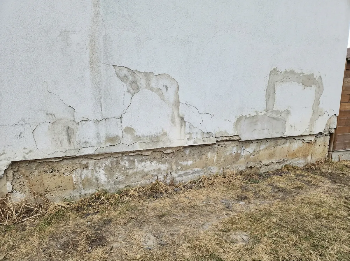 Exterior wall with cracked, patched stucco and exposed weathered concrete foundation