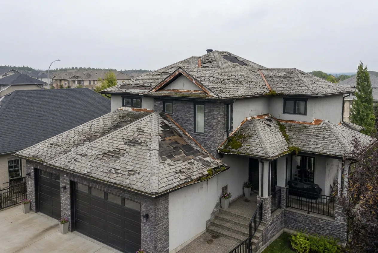 Aerial view of an aging Calgary roof with curling, missing shingles and moss growth before replacement