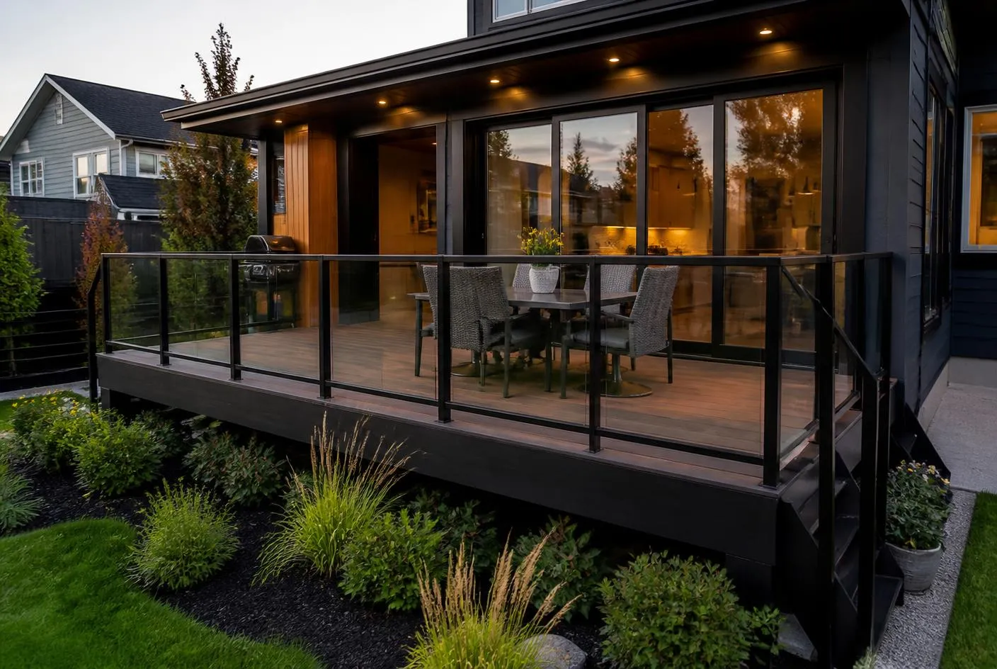 New composite deck with black aluminum and glass railing at dusk